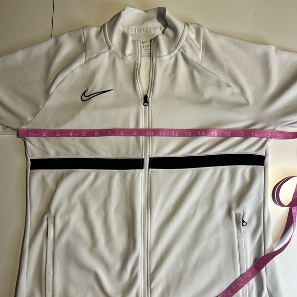 Nike Dri Fit Womens M White Track Jacket Full Zip Logo Black Stripe Pockets FLAW - Picture 8 of 11
